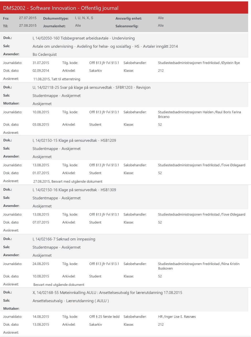 2, Tatt til etterretning, 14/02118-25 Svar på klage på sensurvedtak - SFBR1203 - Revisjon Studentmappe - Studiestedsadministrasjonen Halden /Raul Boris Farina Briceno 03.08.