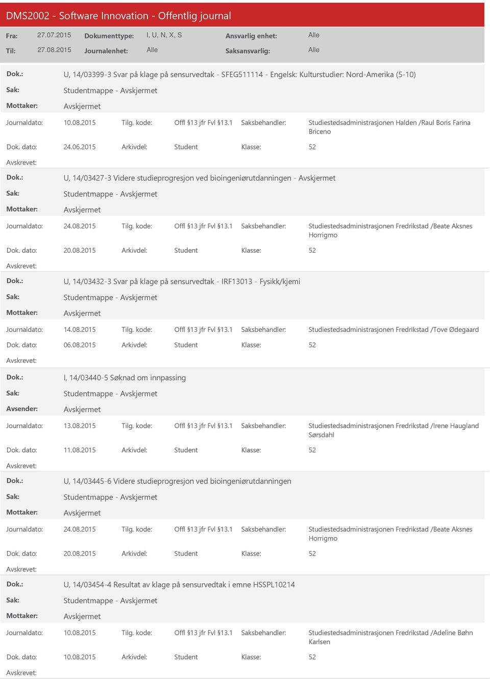 2 Student, 14/03432-3 Svar på klage på sensurvedtak - IRF13013 - Fysikk/kjemi Studentmappe - Journaldato: 14.08.2 Tilg. kode: Studiestedsadministrasjonen Fredrikstad /Tove Ødegaard 06.08.2 Student I, 14/03440-5 Søknad om innpassing Studentmappe - Journaldato: 13.