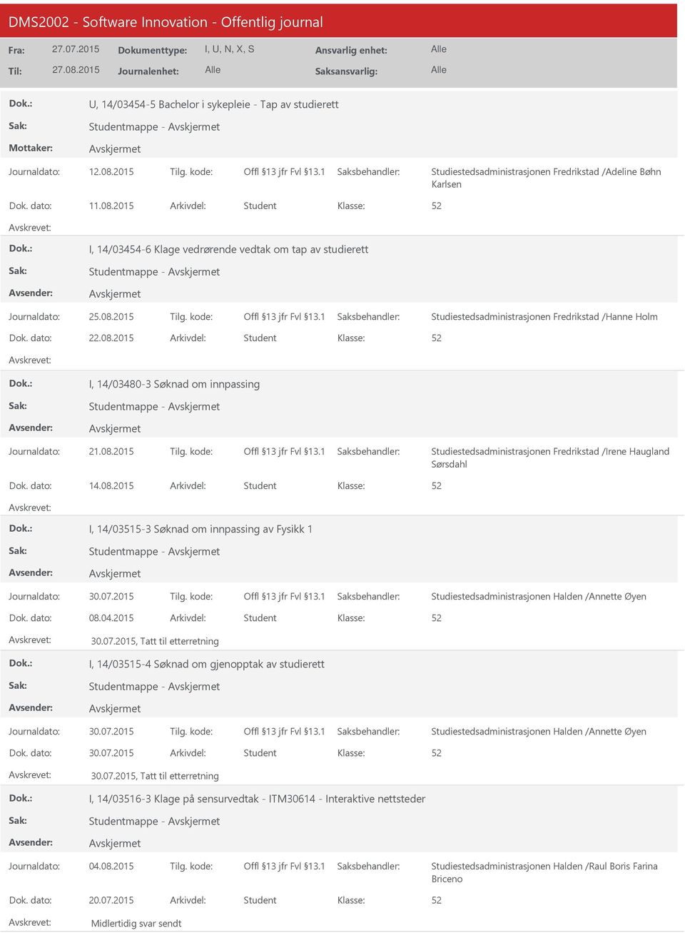 08.2 Student I, 14/03515-3 Søknad om innpassing av Fysikk 1 Studentmappe - Journaldato: 30.07.2 Tilg. kode: Studiestedsadministrasjonen Halden /Annette Øyen 08.04.2 Student 30.07.2, Tatt til etterretning I, 14/03515-4 Søknad om gjenopptak av studierett Studentmappe - Journaldato: 30.