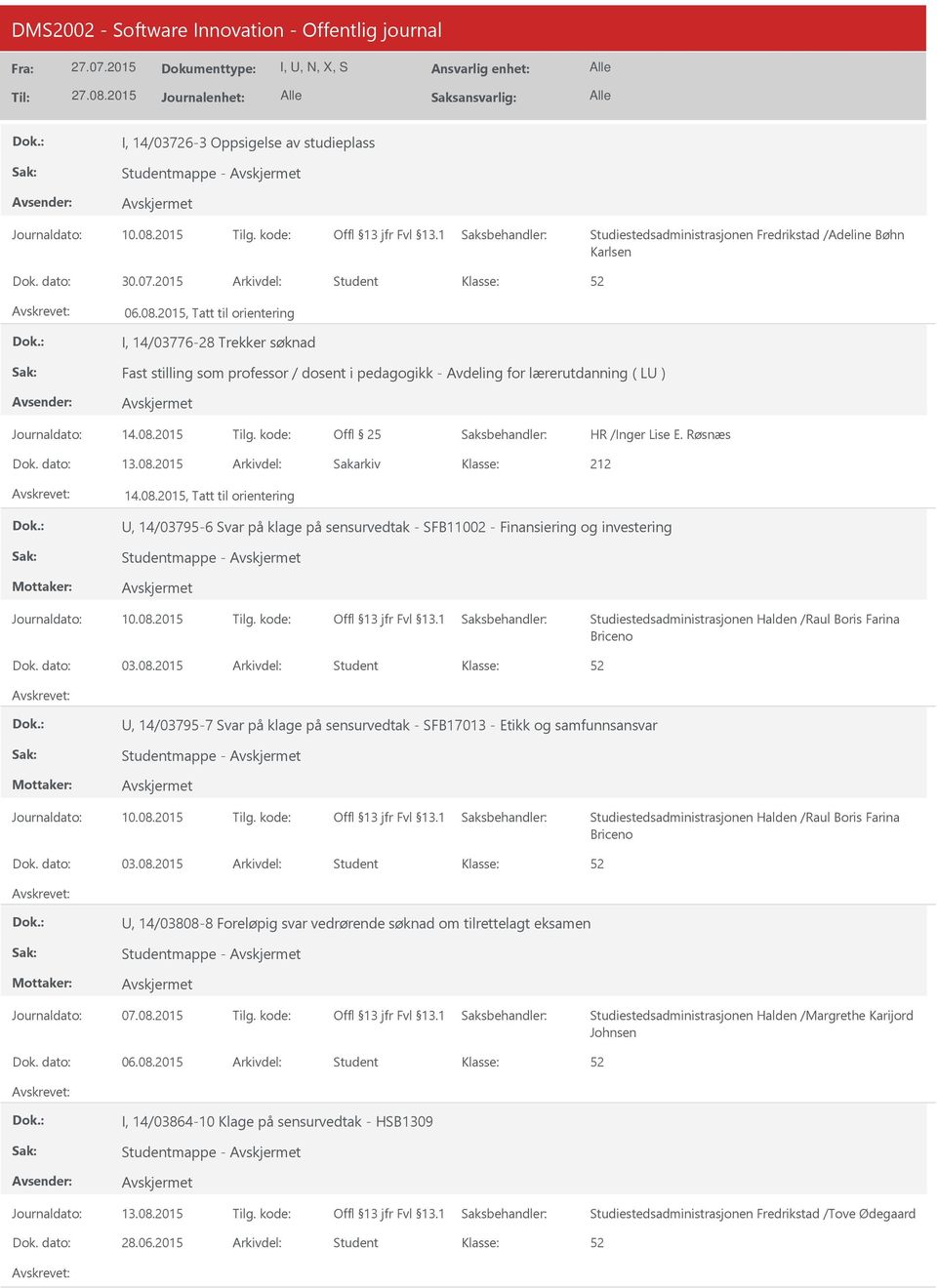 Røsnæs 13.08.2 14.08.2, Tatt til orientering, 14/03795-6 Svar på klage på sensurvedtak - SFB11002 - Finansiering og investering Studentmappe - Studiestedsadministrasjonen Halden /Raul Boris Farina Briceno 03.