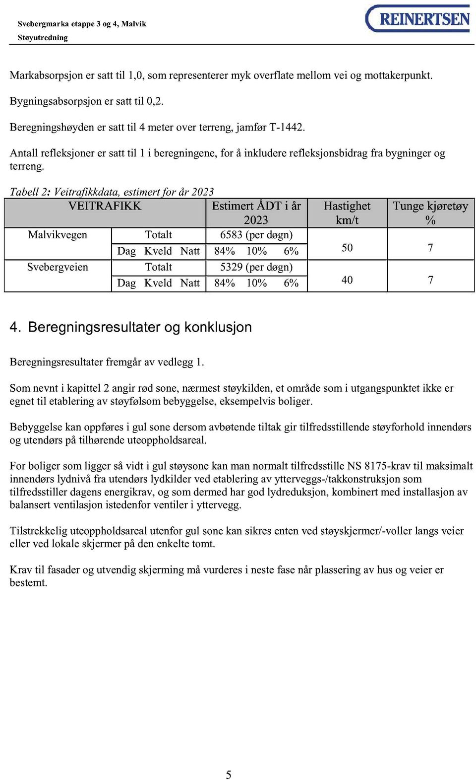 Tabell 2: Veitrafikkdata, estimert for år 2023 VEITRAFIKK Estimert ÅDT i år 2023 Malvikvegen Totalt 6583 (per døgn) Dag Kveld Natt 84% 10% 6% Svebergveien Totalt 5329 (per døgn) Dag Kveld Natt 84%