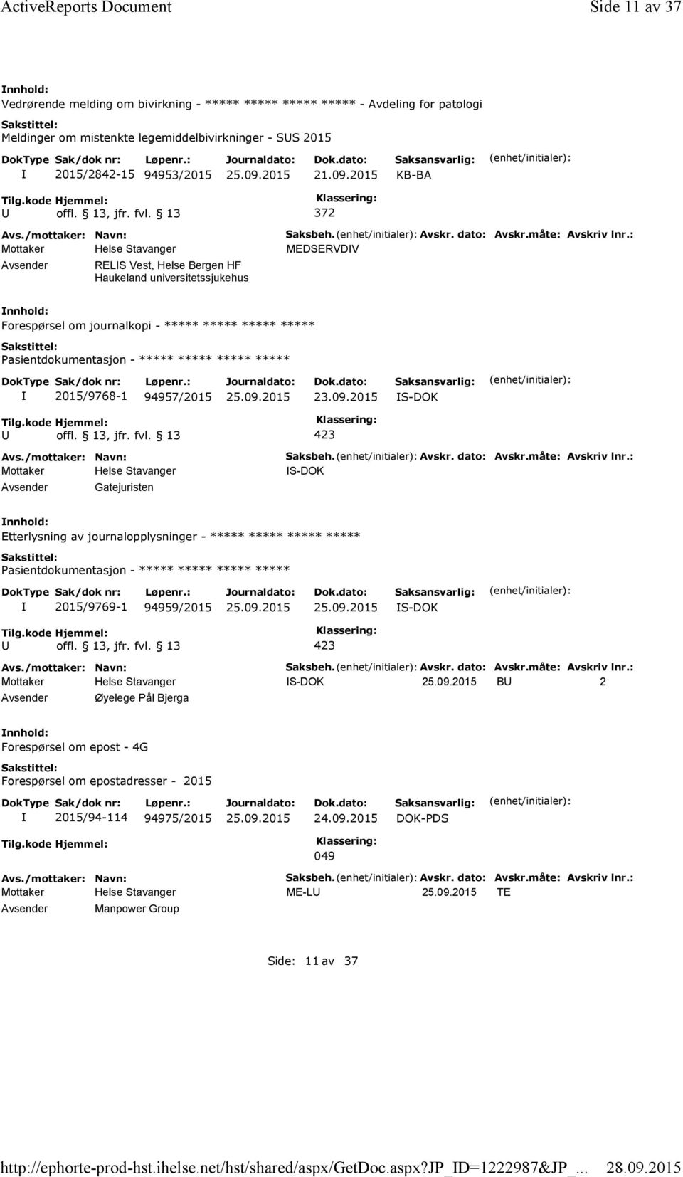 2015 KB-BA 372 RELS Vest, Helse Bergen HF Haukeland universitetssjukehus Saksbeh. Avskr. dato: Avskr.måte: Avskriv lnr.