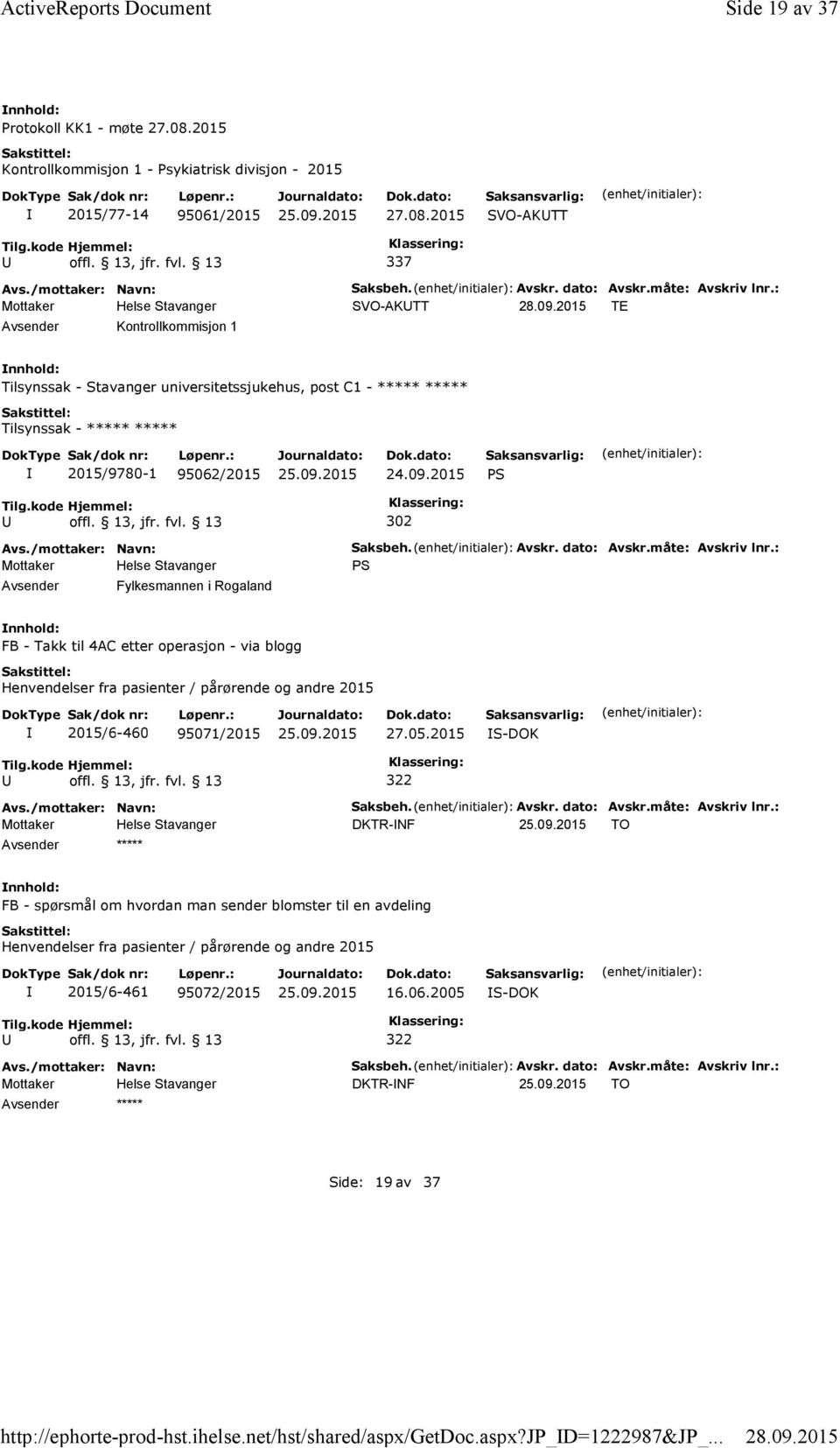 : SVO-AKTT TE Kontrollkommisjon 1 Tilsynssak - Stavanger universitetssjukehus, post C1 - ***** ***** Tilsynssak - ***** ***** 2015/9780-1 95062/2015 24.09.2015 PS 302 Fylkesmannen i Rogaland Saksbeh.