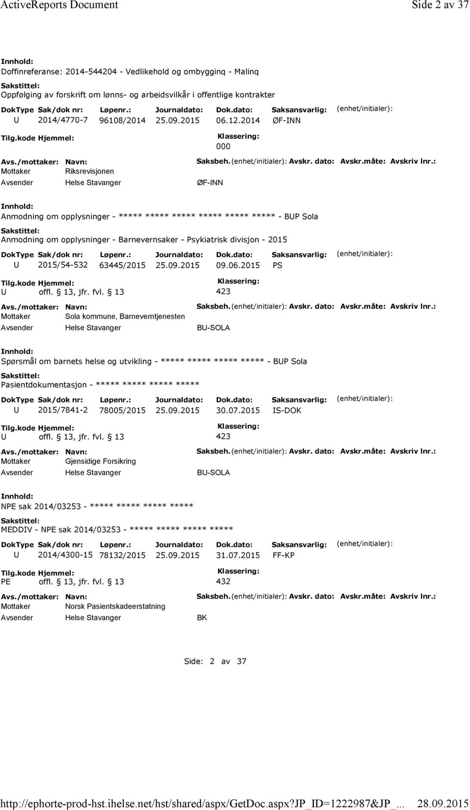 2014 ØF-NN 000 Mottaker Riksrevisjonen Helse Stavanger Saksbeh. Avskr. dato: Avskr.måte: Avskriv lnr.