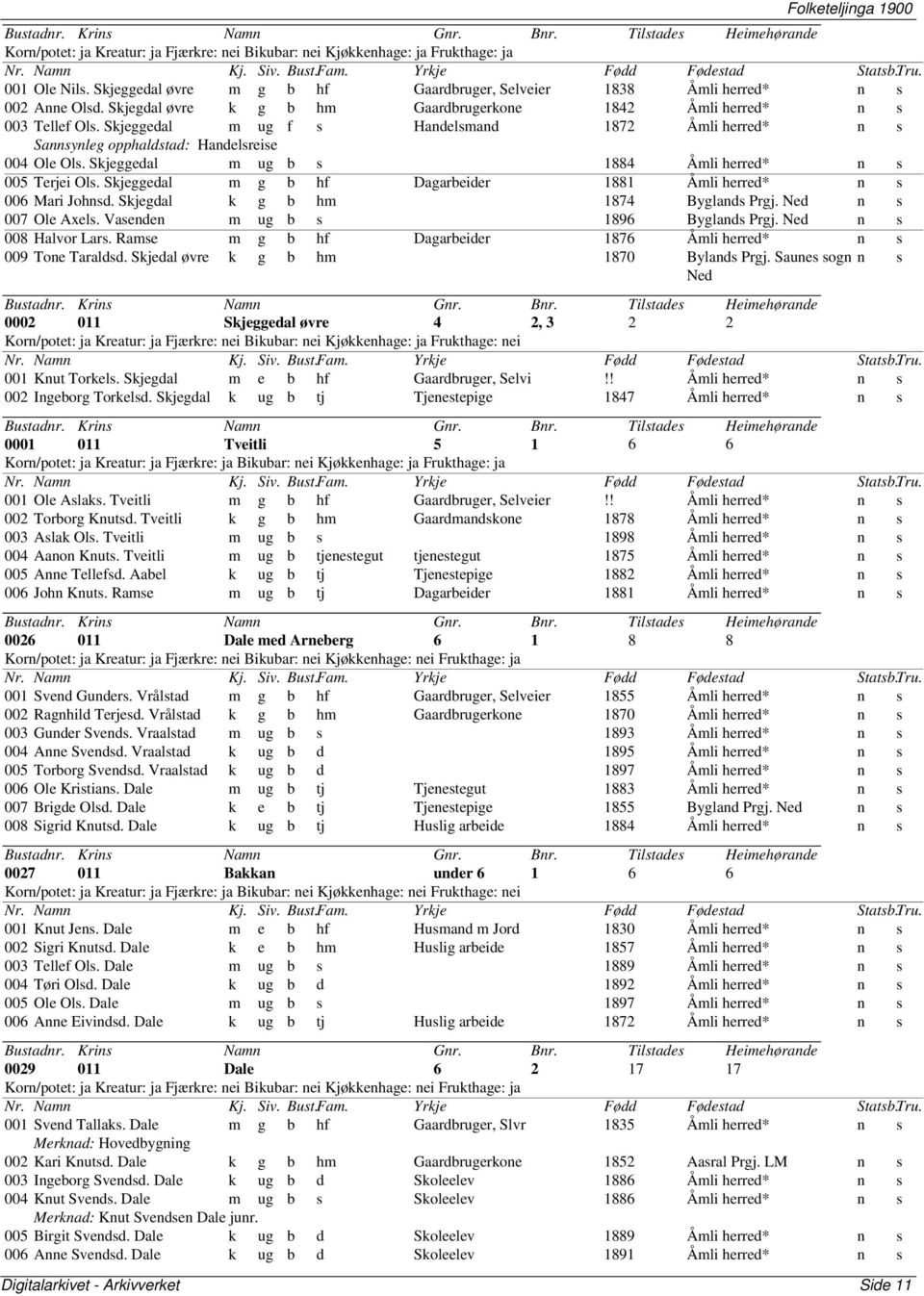 Skjeggedal m ug b s 1884 Åmli herred* n s 005 Terjei Ols. Skjeggedal m g b hf Dagarbeider 1881 Åmli herred* n s 006 Mari Johnsd. Skjegdal k g b hm 1874 Byglands Prgj. Ned n s 007 Ole Axels.