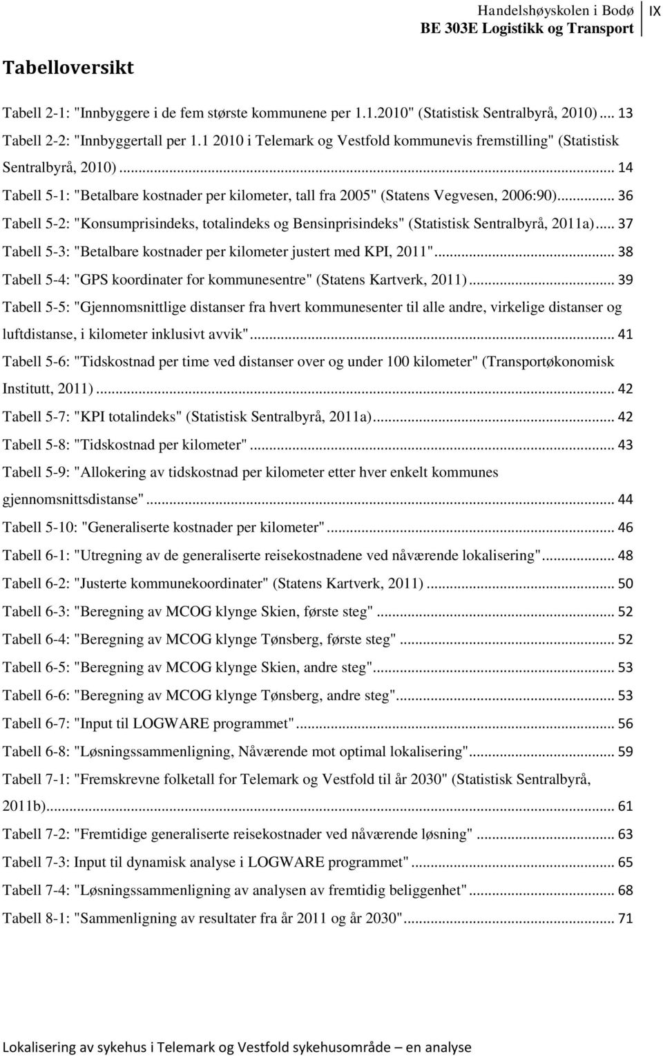 .. 36 Tabell 5-2: "Konsumprisindeks, totalindeks og Bensinprisindeks" (Statistisk Sentralbyrå, 2011a)... 37 Tabell 5-3: "Betalbare kostnader per kilometer justert med KPI, 2011".