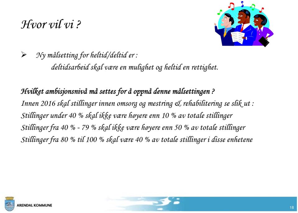 Innen 2016 skal stillinger innen omsorg og mestring & rehabilitering se slik ut : Stillinger under 40 % skal ikke være