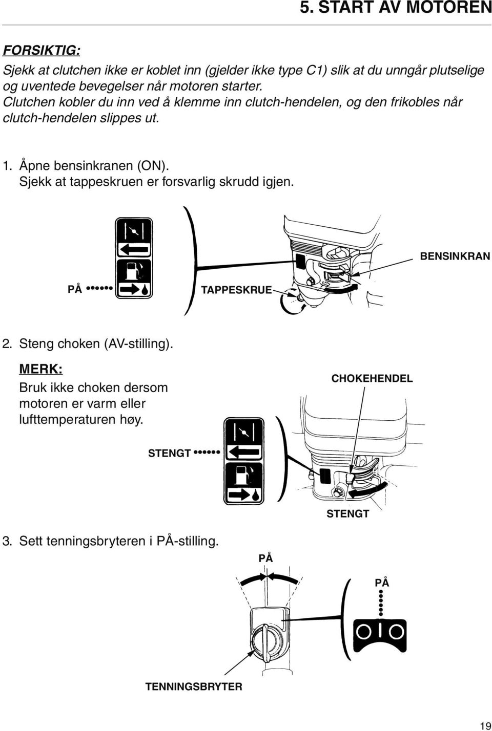 Åpne bensinkranen (ON). Sjekk at tappeskruen er forsvarlig skrudd igjen. BENSINKRAN PÅ TAPPESKRUE 2. Steng choken (AV-stilling).