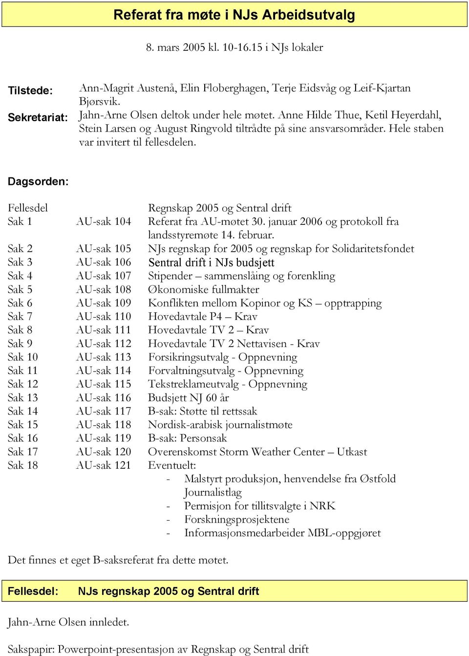 Dagsorden: Fellesdel Regnskap 2005 og Sentral drift Sak 1 AU-sak 104 Referat fra AU-møtet 30. januar 2006 og protokoll fra landsstyremøte 14. februar.