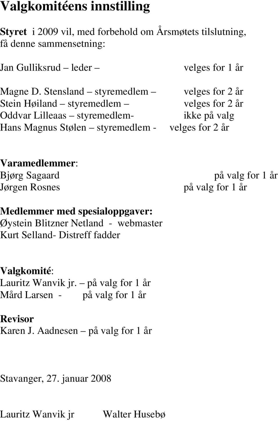 valg velges for 2 år Varamedlemmer: Bjørg Sagaard Jørgen Rosnes på valg for 1 år på valg for 1 år Medlemmer med spesialoppgaver: Øystein Blitzner Netland - webmaster