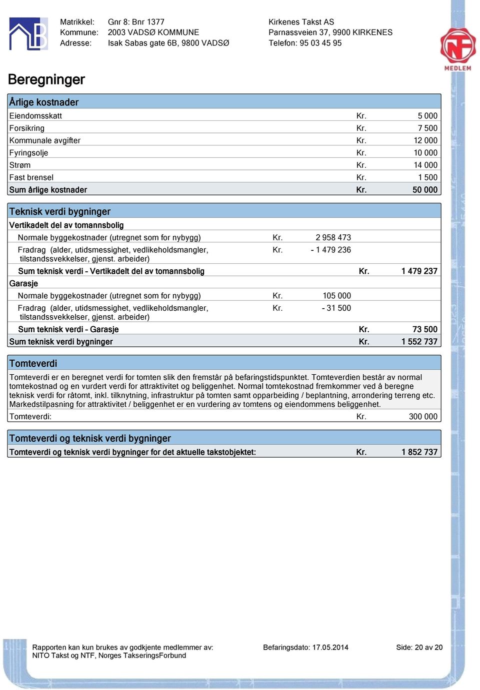 arbeider) - 1 479 236 Sum teknisk verdi Vertikadelt del av tomannsbolig 1 479 237 73 500 1 552 737 Garasje Normale byggekostnader (utregnet som for nybygg) 105 000 Fradrag (alder, utidsmessighet,