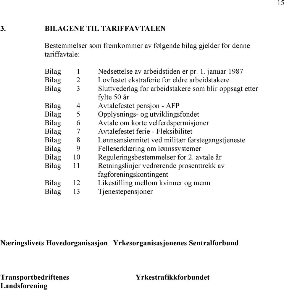 januar 1987 Bilag 2 Lovfestet ekstraferie for eldre arbeidstakere Bilag 3 Sluttvederlag for arbeidstakere som blir oppsagt etter fylte 50 år Bilag 4 Avtalefestet pensjon - AFP Bilag 5 Opplysnings- og