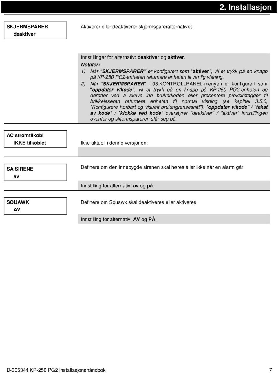 2) Når "SKJERMSPARER" i 03:KONTROLLPANEL-menyen er konfigurert som "oppdater v/kode", vil et trykk på en knapp på KP-250 PG2-enheten og deretter ved å skrive inn brukerkoden eller presentere