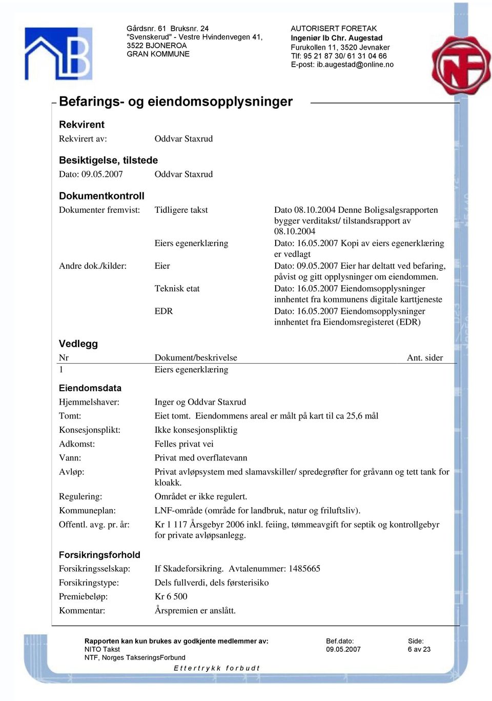 Teknisk etat Dato: 16.05.2007 Eiendomsopplysninger innhentet fra kommunens digitale karttjeneste EDR Dato: 16.05.2007 Eiendomsopplysninger innhentet fra Eiendomsregisteret (EDR) Vedlegg Nr Dokument/beskrivelse Ant.