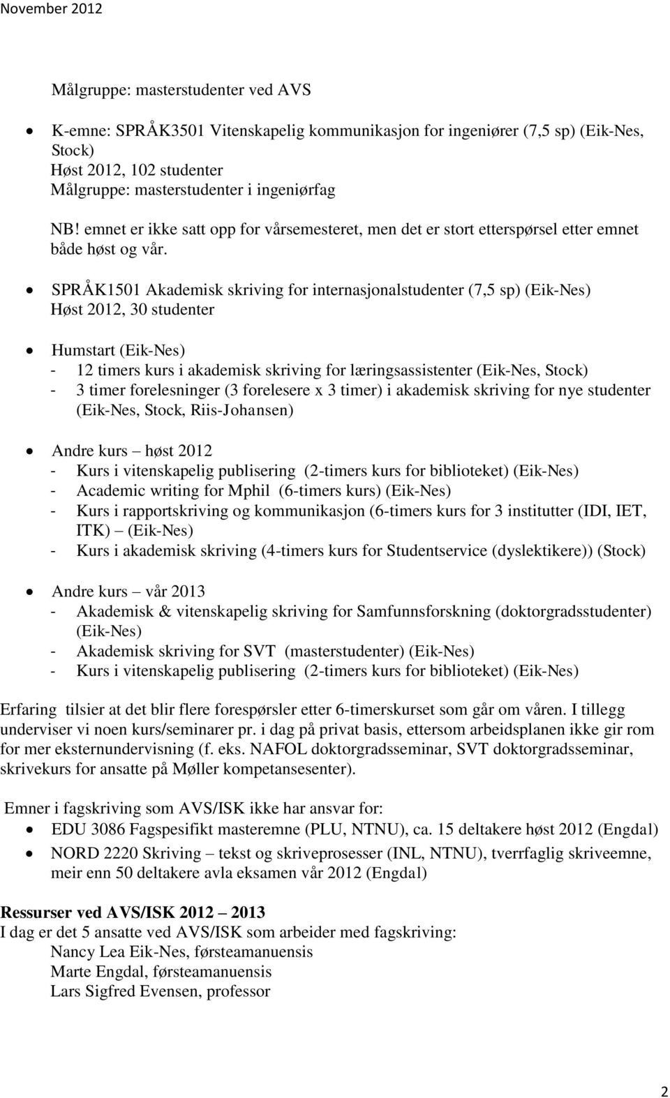 SPRÅK1501 Akademisk skriving for internasjonalstudenter (7,5 sp) (Eik-Nes) Høst 2012, 30 studenter Humstart (Eik-Nes) - 12 timers kurs i akademisk skriving for læringsassistenter (Eik-Nes, Stock) - 3