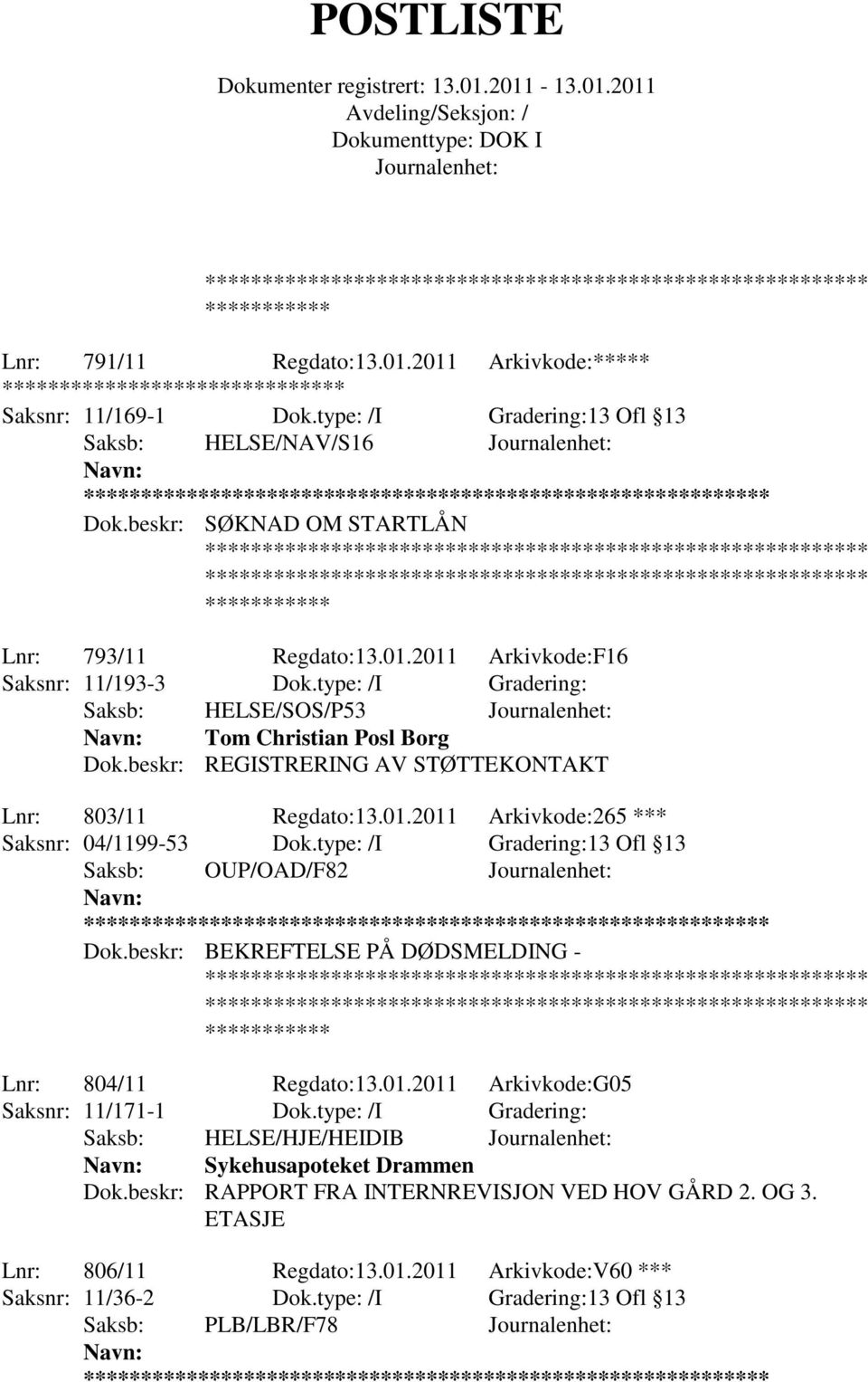 type: /I Gradering:13 Ofl 13 Saksb: OUP/OAD/F82 ** Dok.beskr: BEKREFTELSE PÅ DØDSMELDING - Lnr: 804/11 Regdato:13.01.2011 Arkivkode:G05 Saksnr: 11/171-1 Dok.