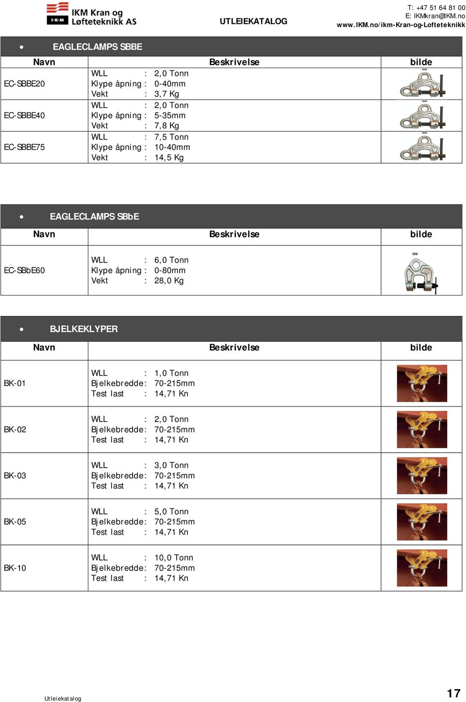 Beskrivelse bilde BK-01 BK-02 BK-03 WLL : 1,0 Bjelkebredde : 70-215mm Test last : 14,71 Kn WLL : 2,0 Bjelkebredde : 70-215mm Test last : 14,71 Kn WLL : 3,0