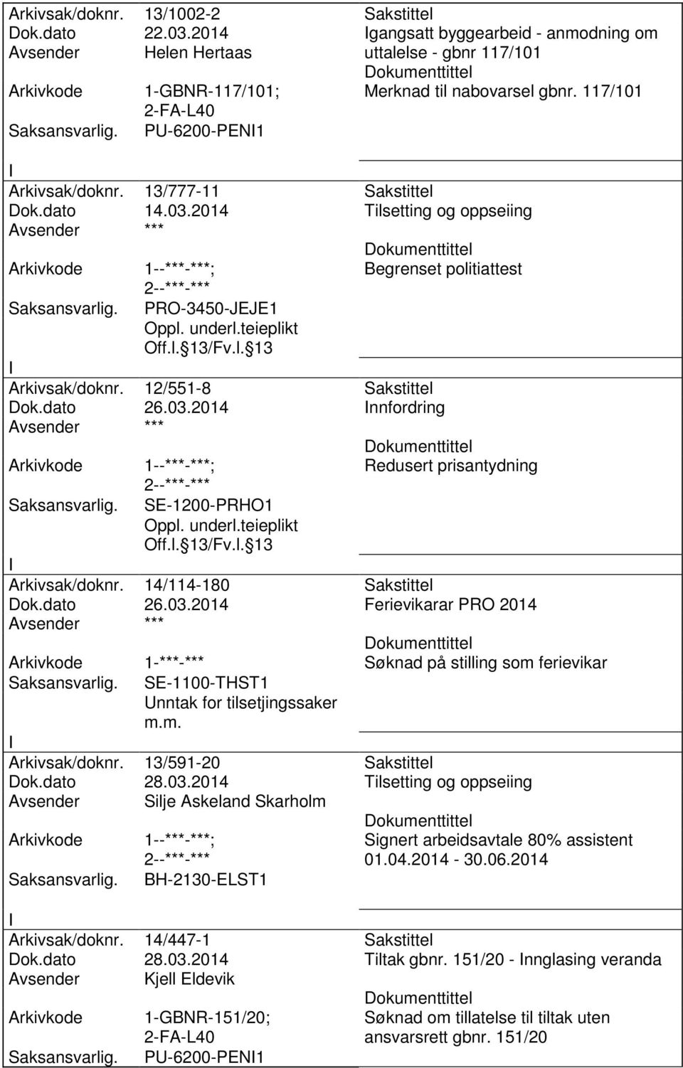 14/114-180 Sakstittel Dok.dato 26.03.2014 Ferievikarar PRO 2014 1-***-*** Søknad på stilling som ferievikar SE-1100-THST1 Arkivsak/doknr. 13/591-20 Sakstittel Dok.dato 28.03.2014 Tilsetting og oppseiing Avsender Silje Askeland Skarholm BH-2130-ELST1 Signert arbeidsavtale 80% assistent 01.