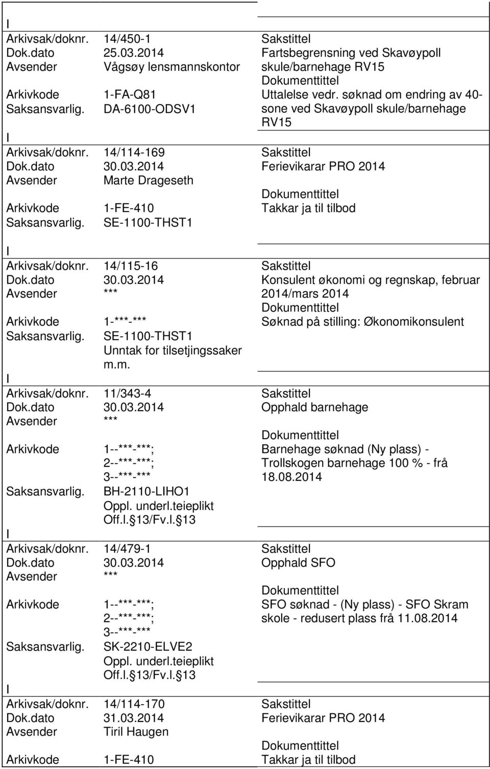 2014 Ferievikarar PRO 2014 Avsender Marte Drageseth SE-1100-THST1 Arkivsak/doknr. 14/115-16 Sakstittel Dok.dato 30.03.