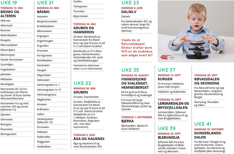 12) fra kraftstasjon på Ytteren og utover til kryss Gamle Nesnavei/Nesnavei Nesnaveien fra og med nummer 209 og utover (fylkesvei 12) Sjøveien Stenneset Øvergata Ånesveien Åttringsveien UKE 21 MANDAG