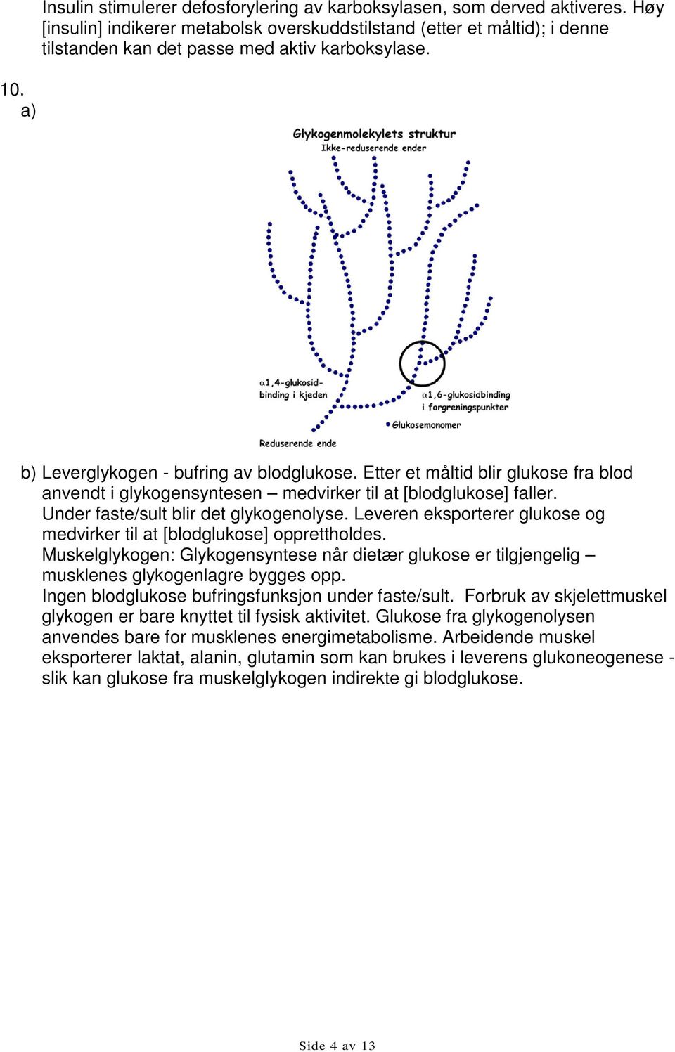 Etter et måltid blir glukose fra blod anvendt i glykogensyntesen medvirker til at [blodglukose] faller. Under faste/sult blir det glykogenolyse.