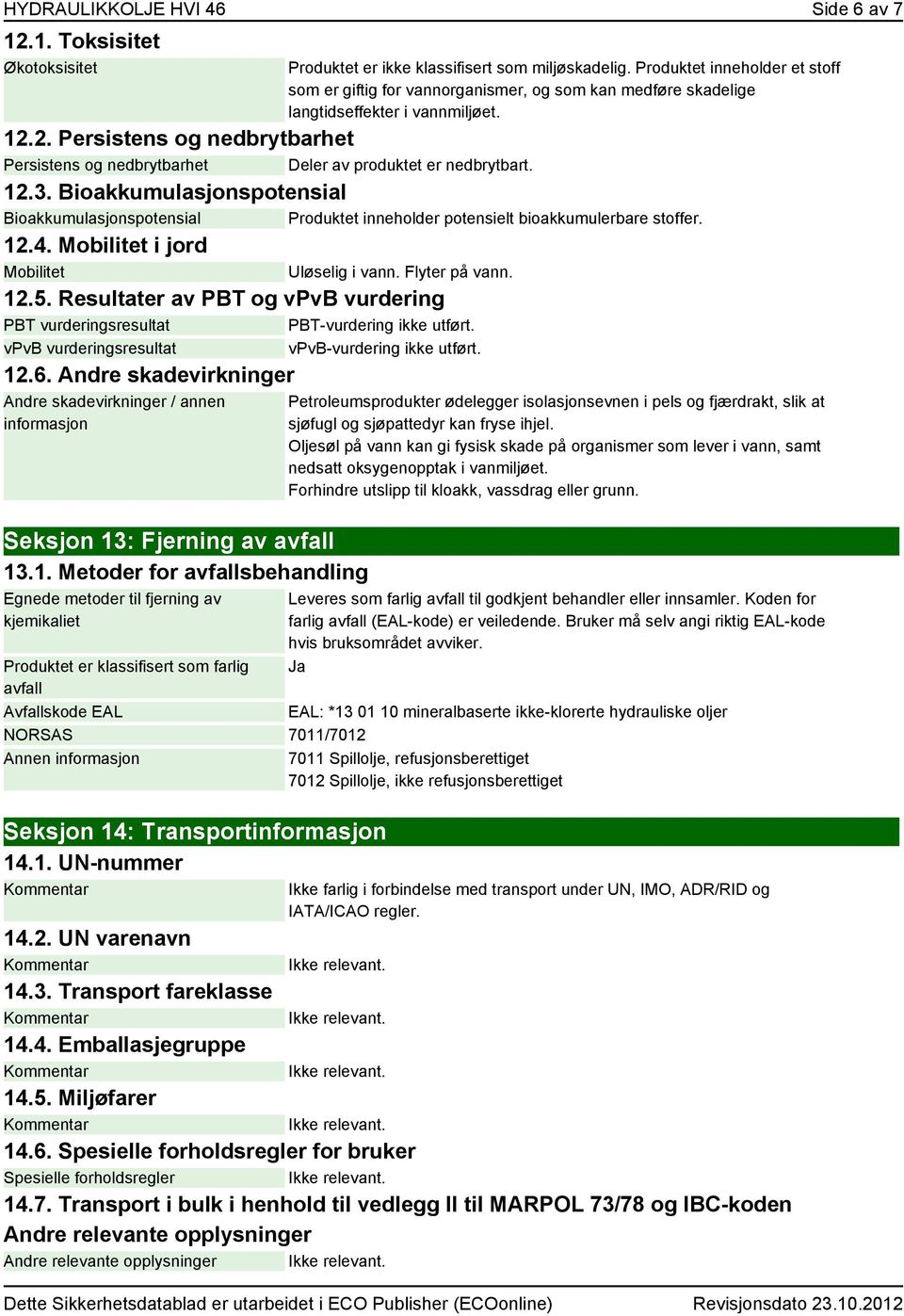 2. Persistens og nedbrytbarhet Persistens og nedbrytbarhet Deler av produktet er nedbrytbart. 12.3.