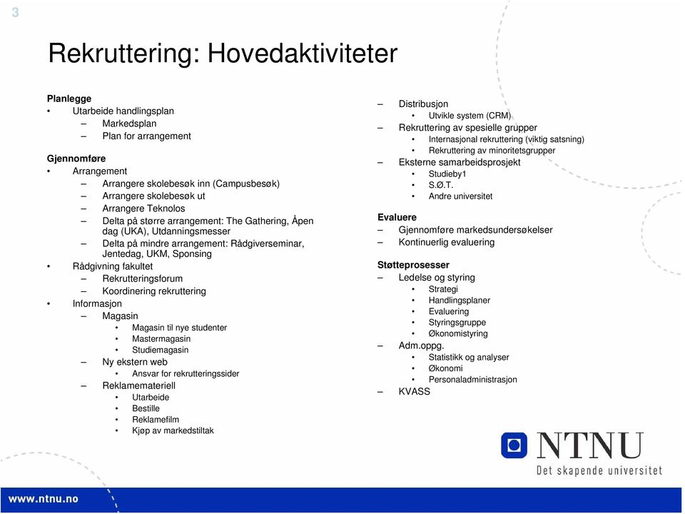 Koordinering rekruttering Informasjon Magasin Magasin til nye studenter Mastermagasin Studiemagasin Ny ekstern web Ansvar for rekrutteringssider Reklamemateriell Utarbeide Bestille Reklamefilm Kjøp