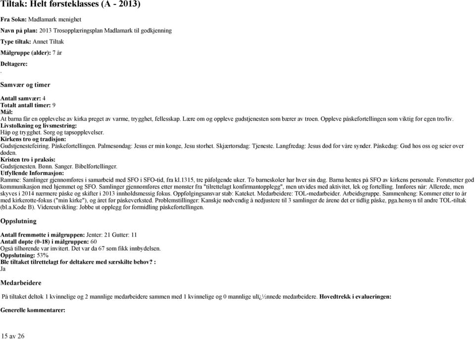 Oppleve påskefortellingen som viktig for egen tro/liv. Livstolkning og livsmestring: Håp og trygghet. Sorg og tapsopplevelser. Kirkens tro og tradisjon: Gudstjenestefeiring. Påskefortellingen.