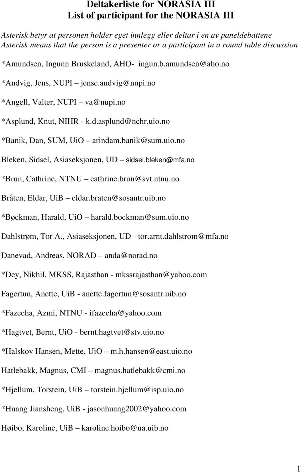 no *Asplund, Knut, NIHR - k.d.asplund@nchr.uio.no *Banik, Dan, SUM, UiO arindam.banik@sum.uio.no Bleken, Sidsel, Asiaseksjonen, UD sidsel.bleken@mfa.no *Brun, Cathrine, NTNU cathrine.brun@svt.ntnu.