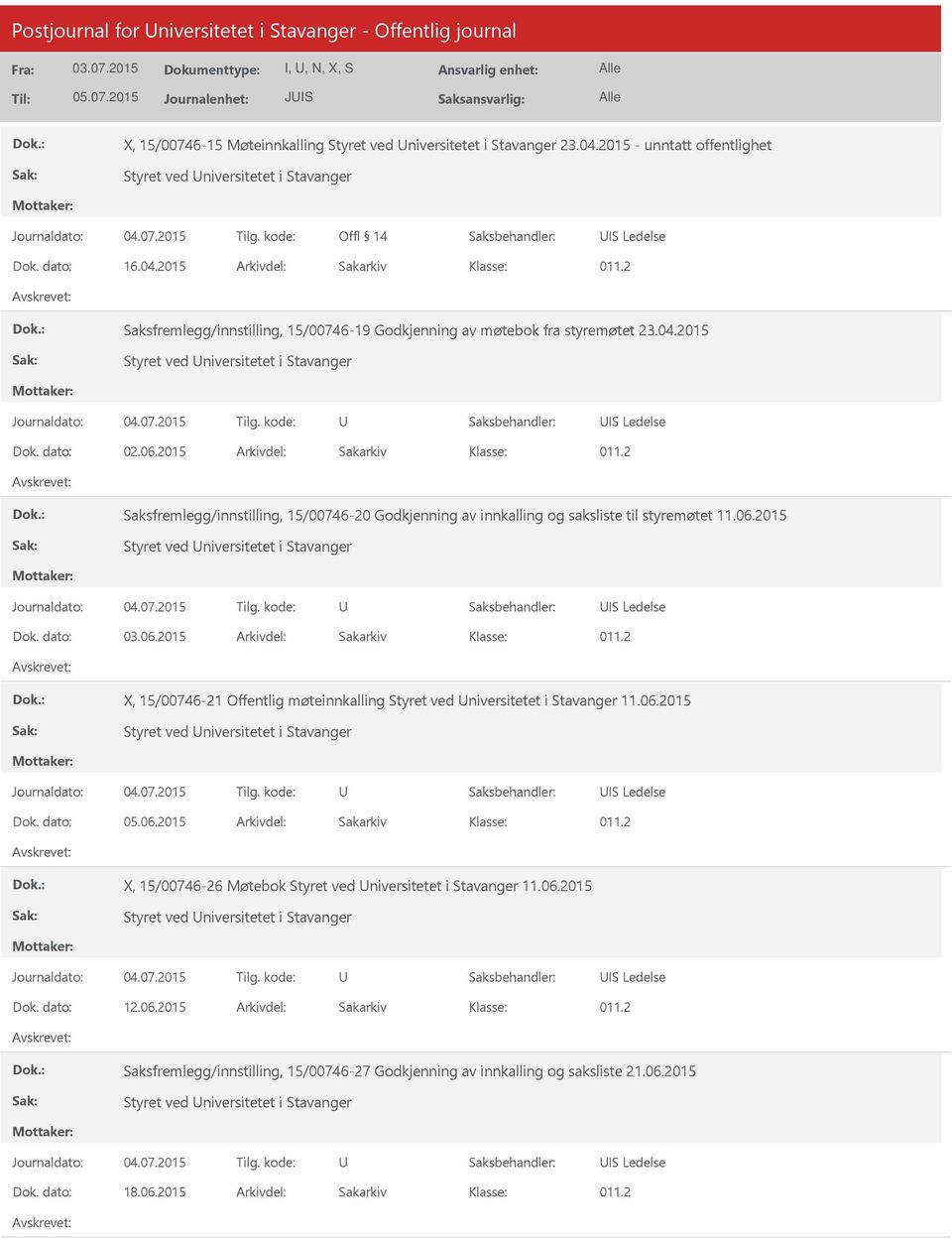 2 Saksfremlegg/innstilling, 15/00746-19 Godkjenning av møtebok fra styremøtet 23.04.2015 Styret ved niversitetet i Stavanger IS Ledelse Dok. dato: 02.06.2015 Arkivdel: Sakarkiv 011.