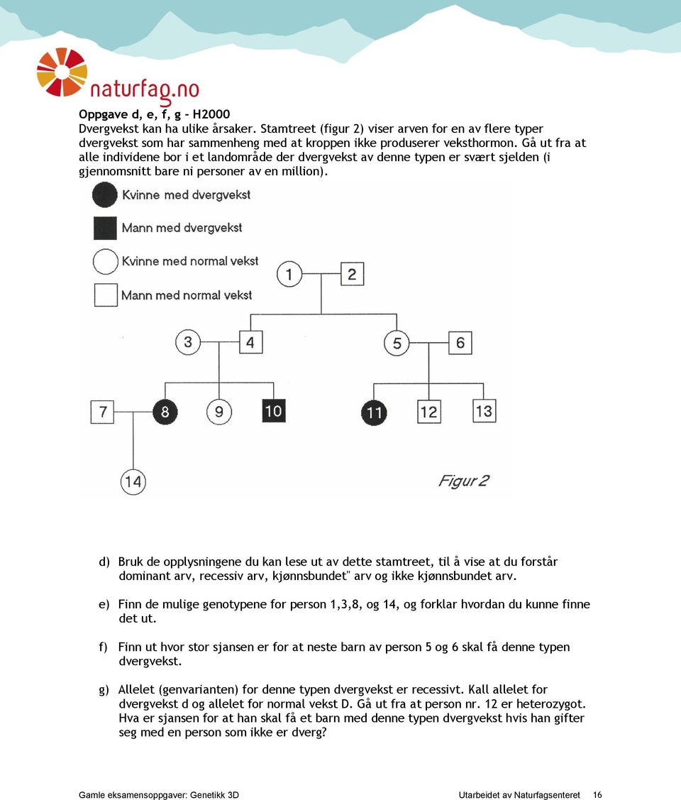 d) Bruk de opplysningene du kan lese ut av dette stamtreet, til å vise at du forstår dominant arv, recessiv arv, kjønnsbundet" arv og ikke kjønnsbundet arv.