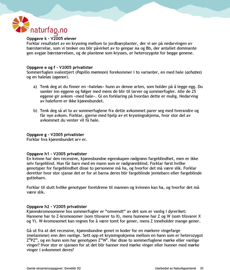 Oppgave e og f V2005 privatister Sommerfuglen svalestjert (Papilio memnon) forekommer i to varianter, en med hale (achates) og en haleløs (agenor).