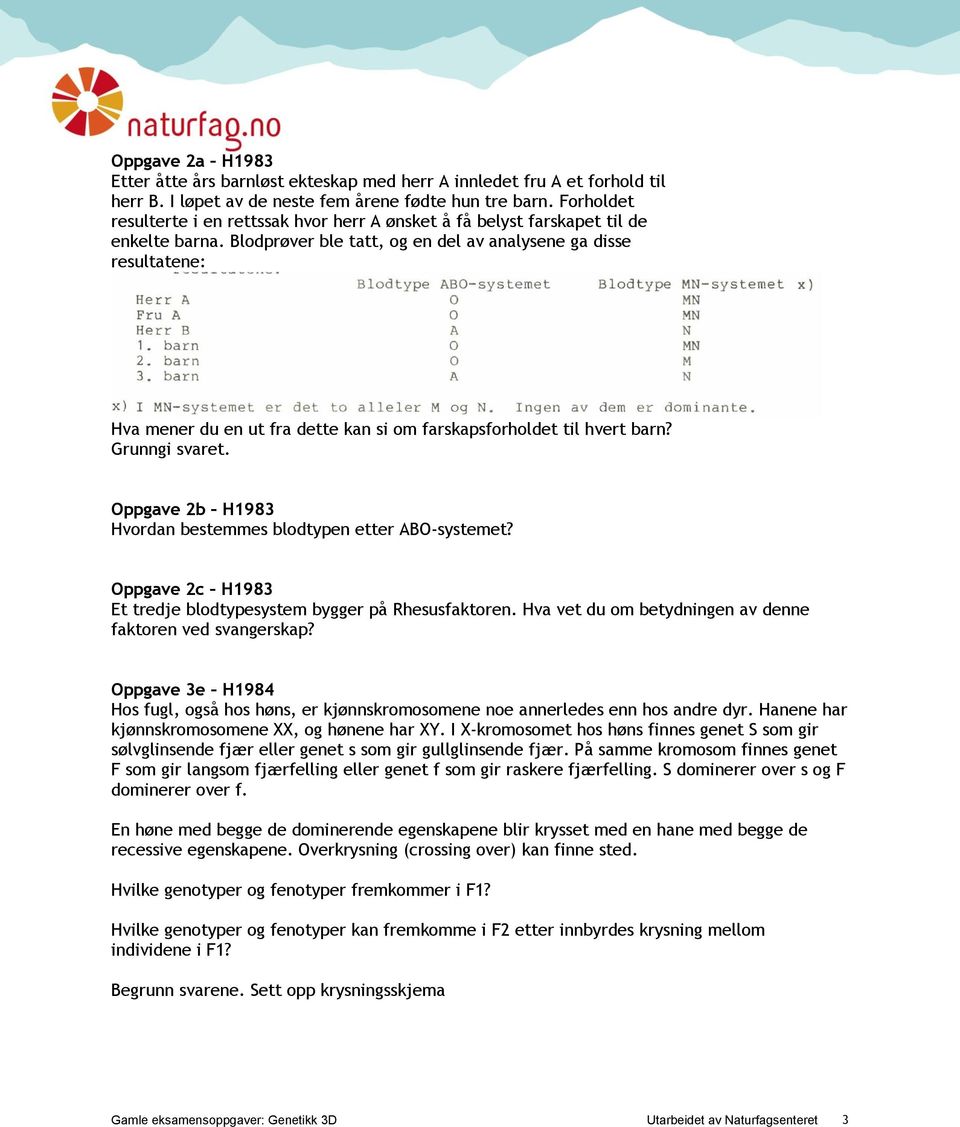 Blodprøver ble tatt, og en del av analysene ga disse resultatene: Hva mener du en ut fra dette kan si om farskapsforholdet til hvert barn? Grunngi svaret.