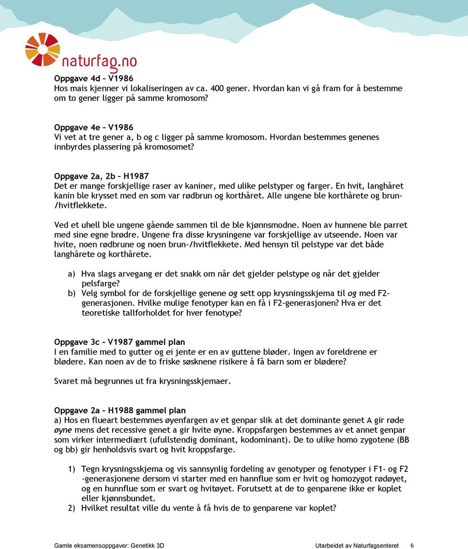 Oppgave 2a, 2b H1987 Det er mange forskjellige raser av kaniner, med ulike pelstyper og farger. En hvit, langhåret kanin ble krysset med en som var rødbrun og korthåret.