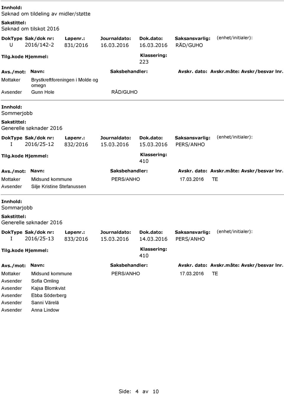 2016/25-12 832/2016 410 TE Silje Kristine Stefanussen Sommarjobb Generelle søknader 2016