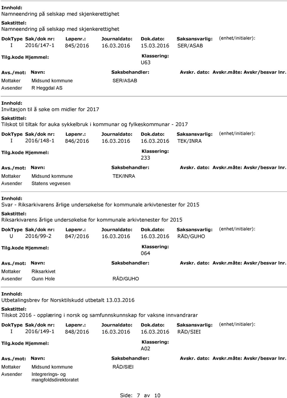 kommunale arkivtenester for 2015 Riksarkivarens årlige undersøkelse for kommunale arkivtenester for 2015 2016/99-2 847/2016 RÅD/GHO 064 Riksarkivet Gunn Hole RÅD/GHO tbetalingsbrev for