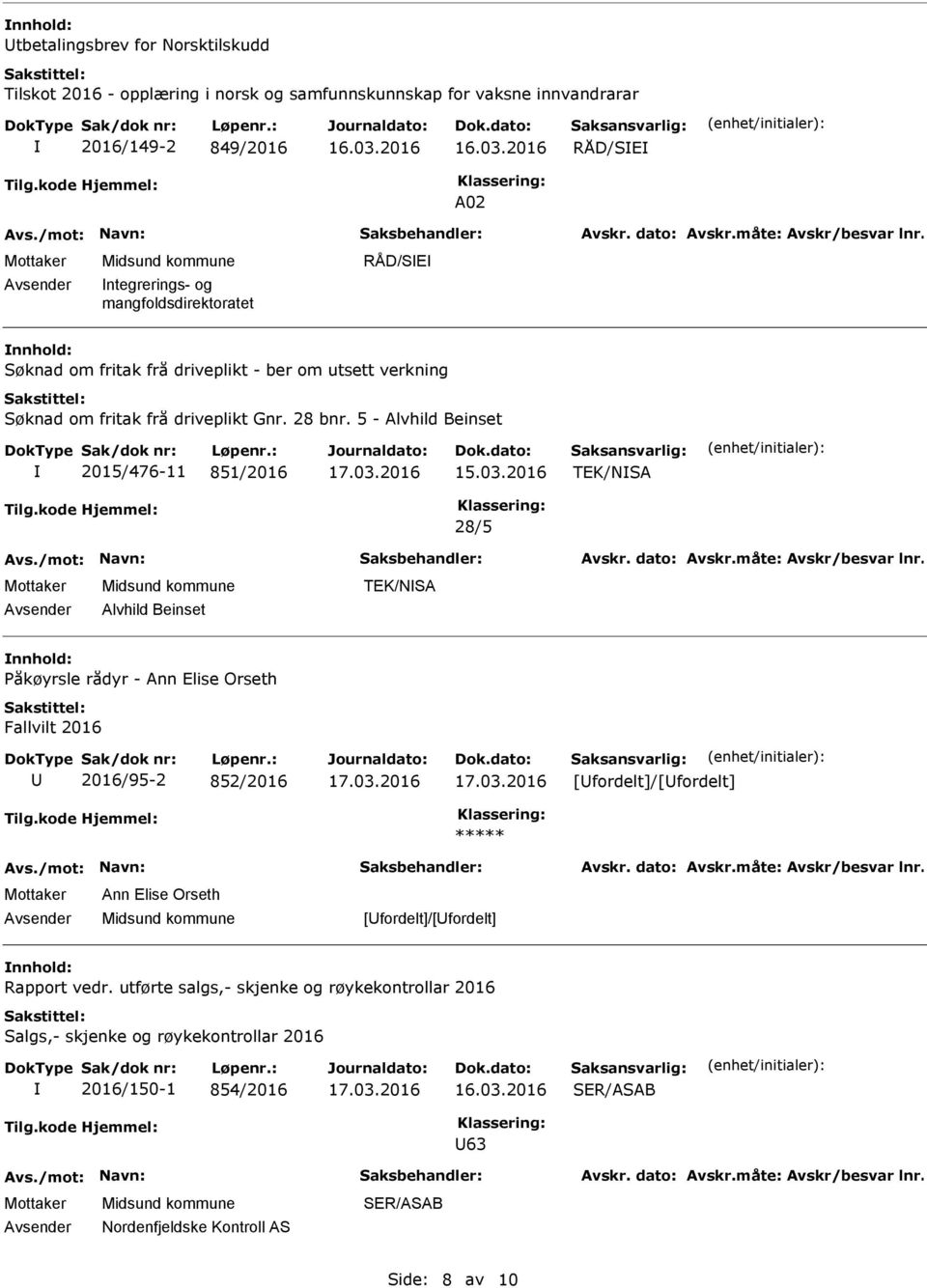 5 - Alvhild Beinset 2015/476-11 851/2016 TEK/NSA 28/5 Alvhild Beinset TEK/NSA Påkøyrsle rådyr - Ann Elise Orseth Fallvilt 2016 2016/95-2 852/2016 [fordelt]/[fordelt]