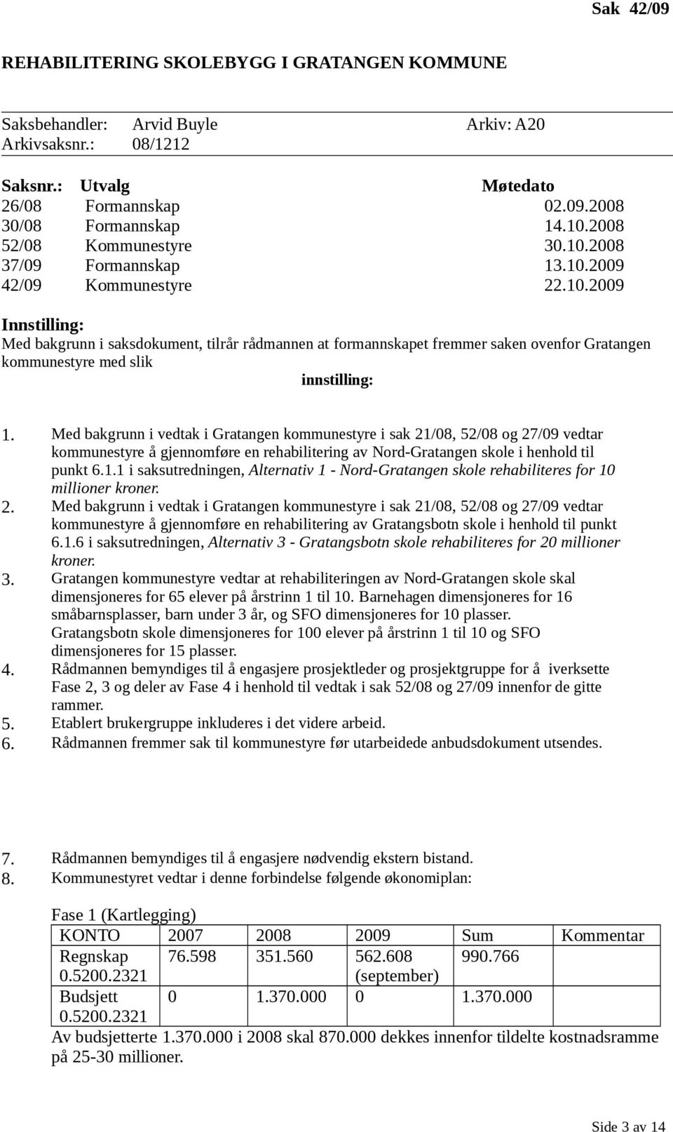 Med bakgrunn i vedtak i Gratangen kommunestyre i sak 21/08, 52/08 og 27/09 vedtar kommunestyre å gjennomføre en rehabilitering av Nord-Gratangen skole i henhold til punkt 6.1.1 i saksutredningen, Alternativ 1 - Nord-Gratangen skole rehabiliteres for 10 millioner kroner.