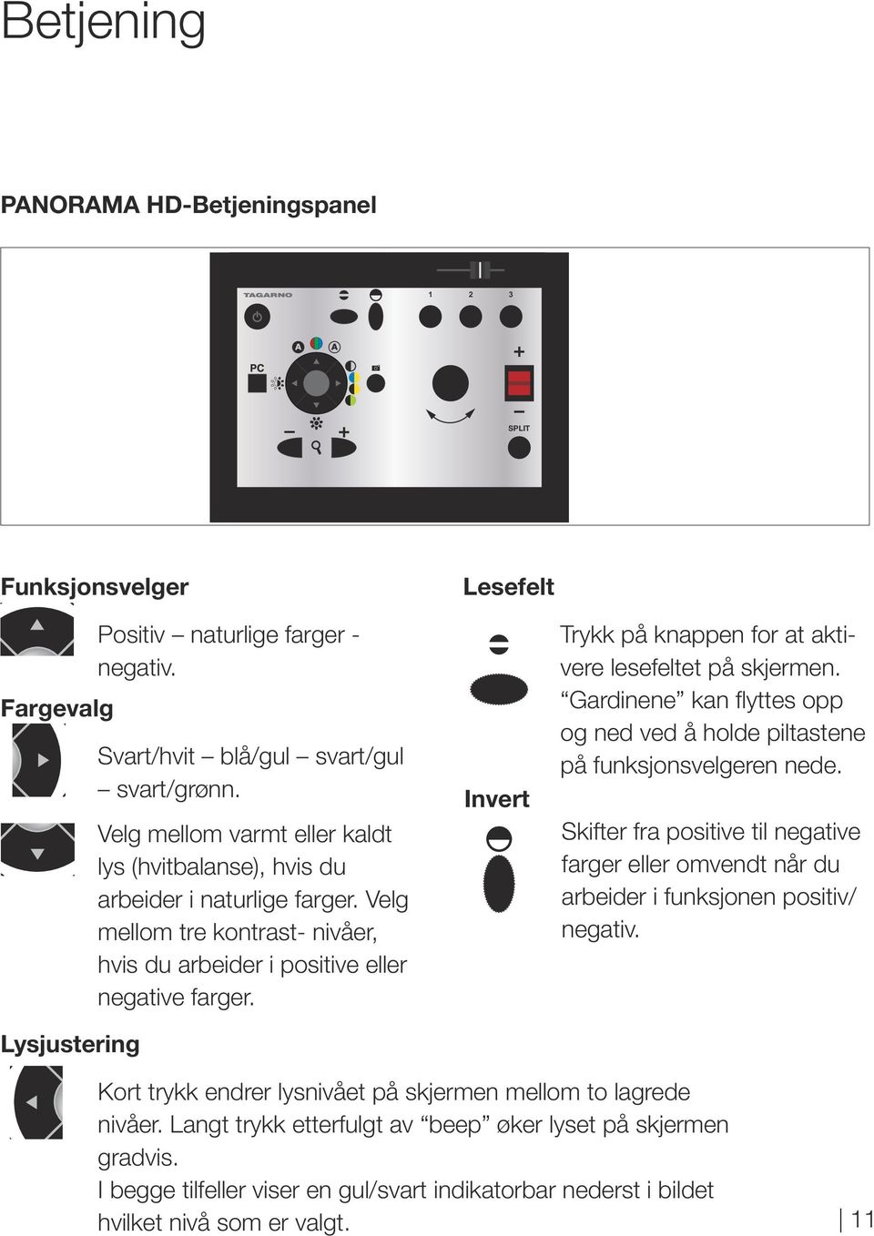 Velg mellom tre kontrast- nivåer, hvis du arbeider i positive eller negative farger. Lesefelt + - Invert Trykk på knappen 1 for 2 at akti- 3 vere lesefeltet på skjermen.