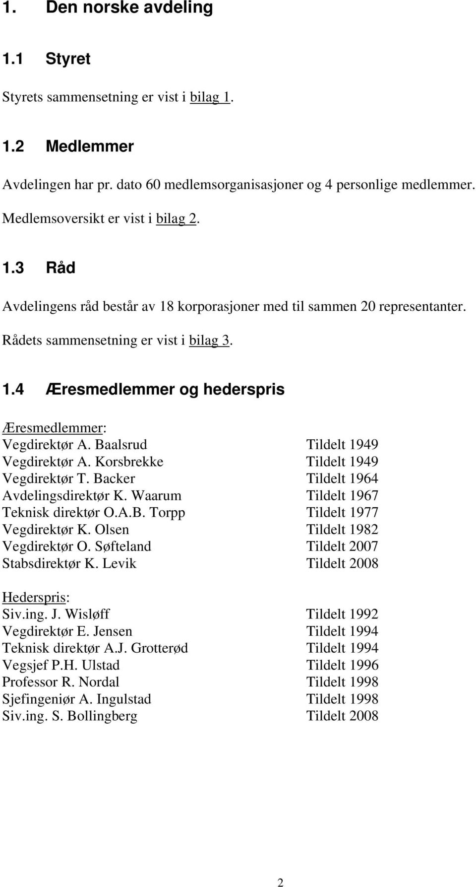 Baalsrud Tildelt 1949 Vegdirektør A. Korsbrekke Tildelt 1949 Vegdirektør T. Backer Tildelt 1964 Avdelingsdirektør K. Waarum Tildelt 1967 Teknisk direktør O.A.B. Torpp Tildelt 1977 Vegdirektør K.