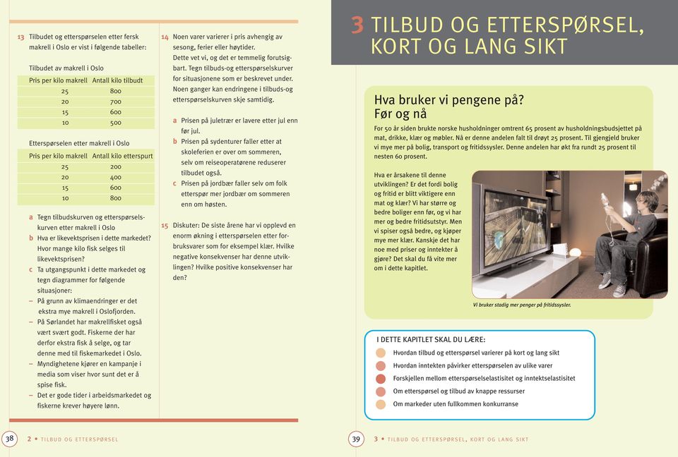 Hvor mange kilo fisk selges til likevektsprisen? c Ta utgangspunkt i dette markedet og tegn diagrammer for følgende situasjoner: På grunn av klimaendringer er det ekstra mye makrell i Oslofjorden.