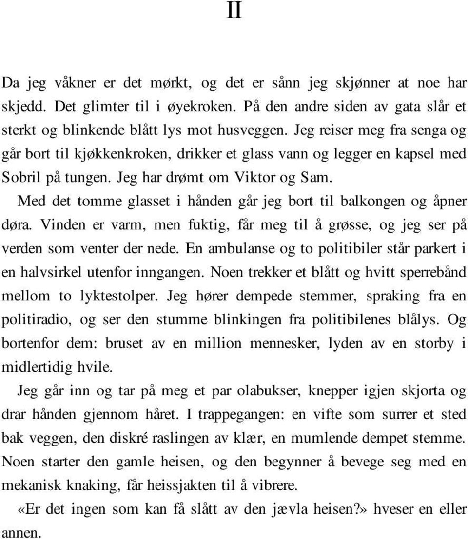 Med det tomme glasset i hånden går jeg bort til balkongen og åpner døra. Vinden er varm, men fuktig, får meg til å grøsse, og jeg ser på verden som venter der nede.