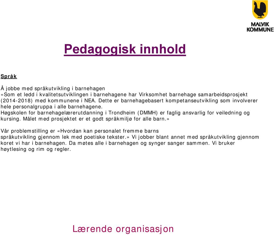 Høgskolen for barnehagelærerutdanning i Trondheim (DMMH) er faglig ansvarlig for veiledning og kursing. Målet med prosjektet er et godt språkmiljø for alle barn.