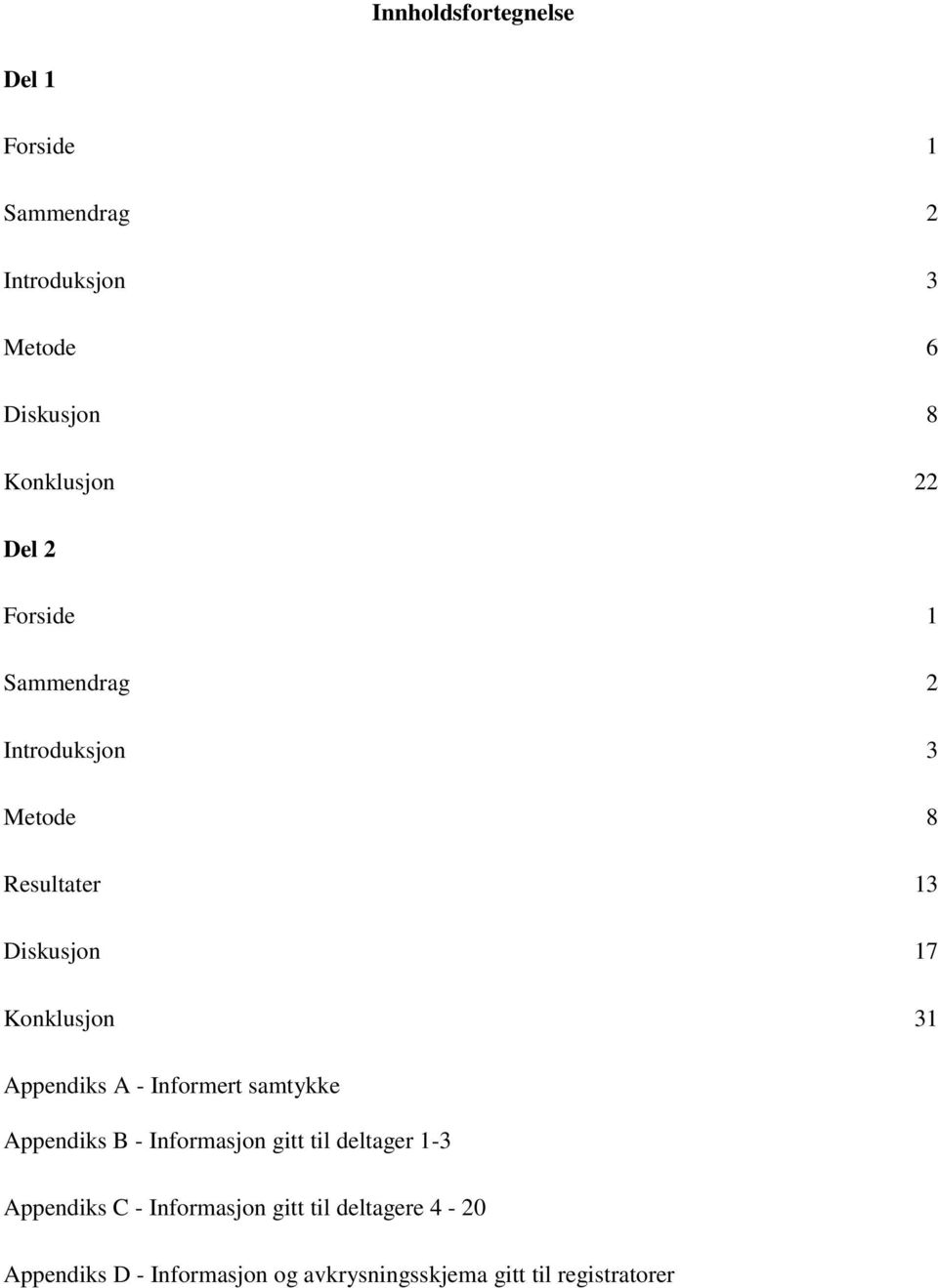 Appendiks A - Informert samtykke Appendiks B - Informasjon gitt til deltager 1-3 Appendiks C -