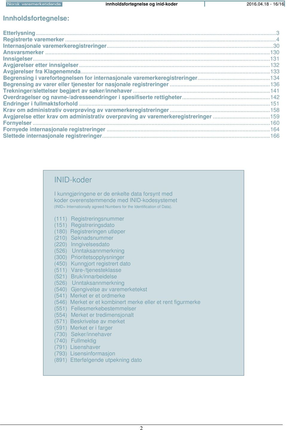 .. 134 Begrensing av varer eller tjenester for nasjonale registreringer... 136 Trekninger/slettelser begjært av søker/innehaver.