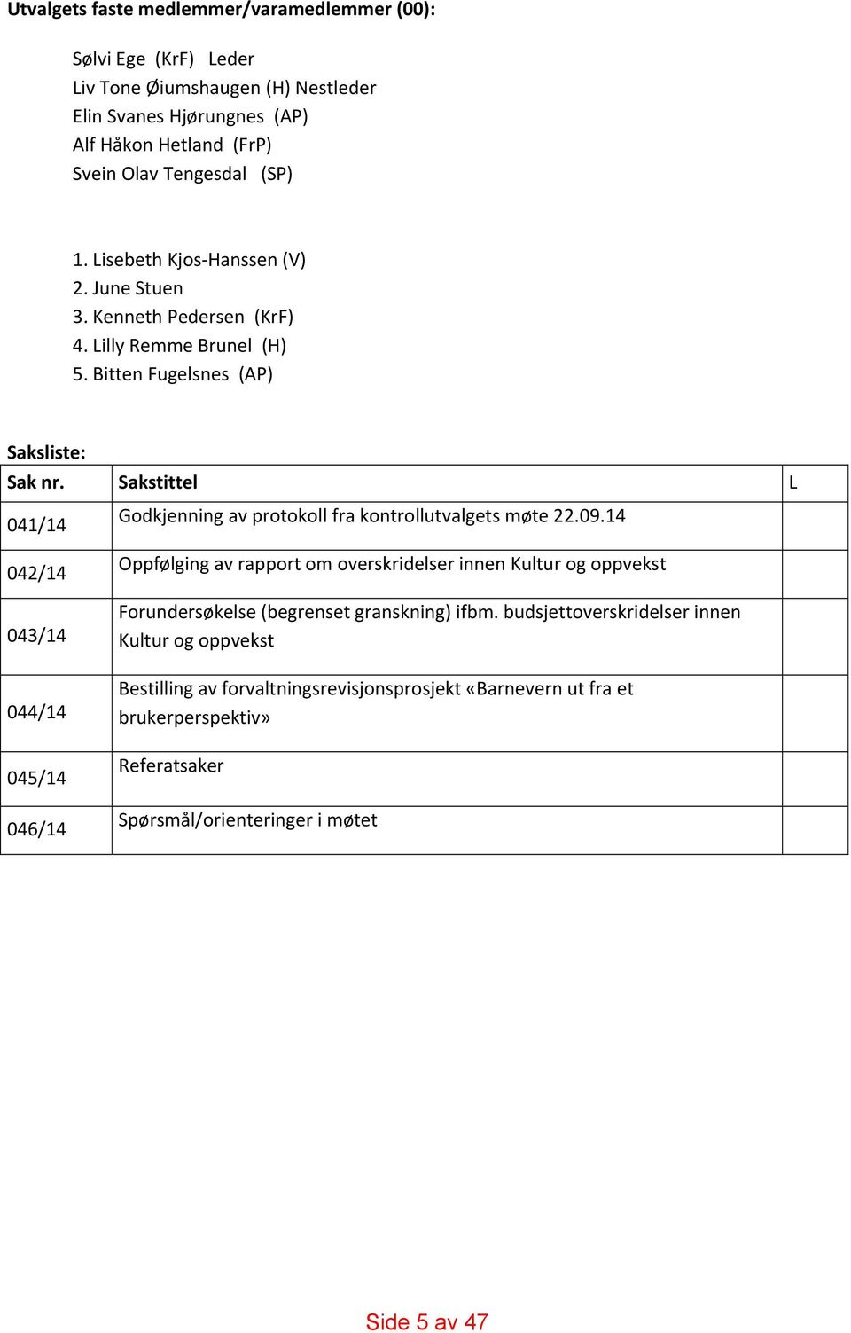 Sakstittel L 041/14 Godkjenning av protokoll fra kontrollutvalgets møte 22.09.