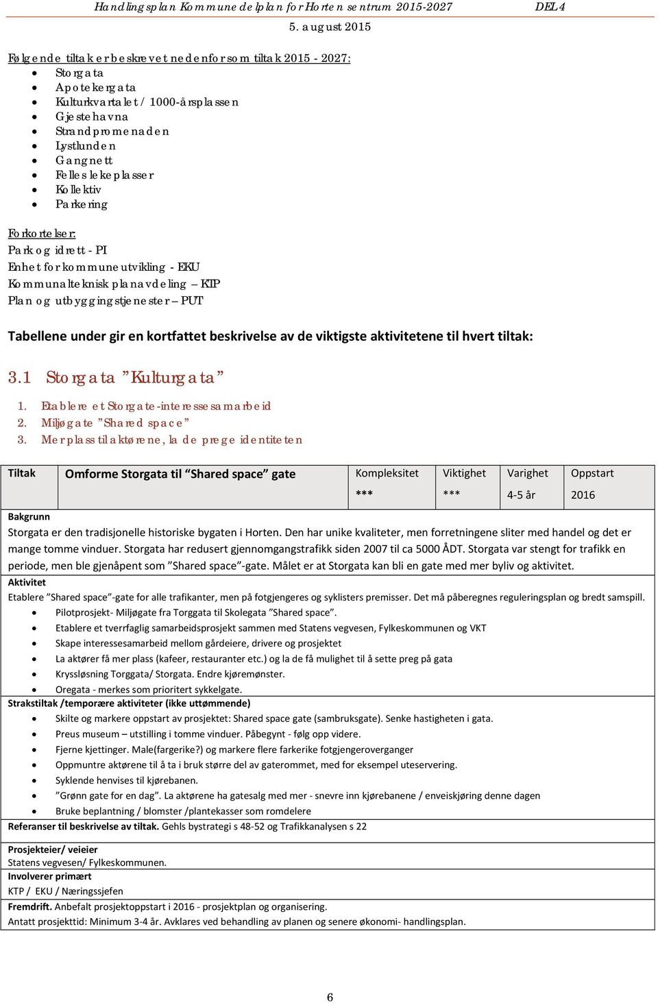 viktigste aktivitetene til hvert tiltak: 3.1 Storgata Kulturgata 1. Etablere et Storgate-interessesamarbeid 2. Miljøgate Shared space 3.