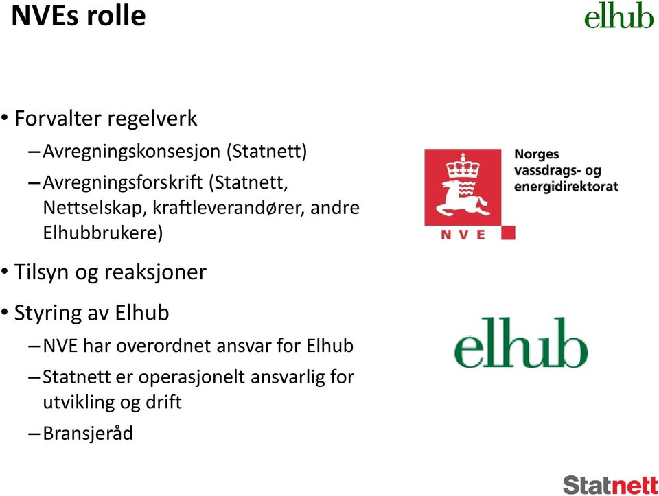 Elhubbrukere) Tilsyn og reaksjoner Styring av Elhub NVE har overordnet