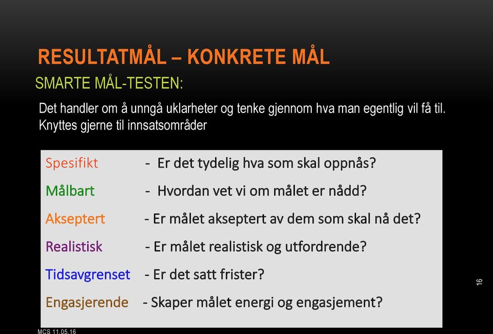 Knyttes gjerne til innsatsområder Spesifikt Målbart Akseptert Realistisk Tidsavgrenset - Er det tydelig hva som