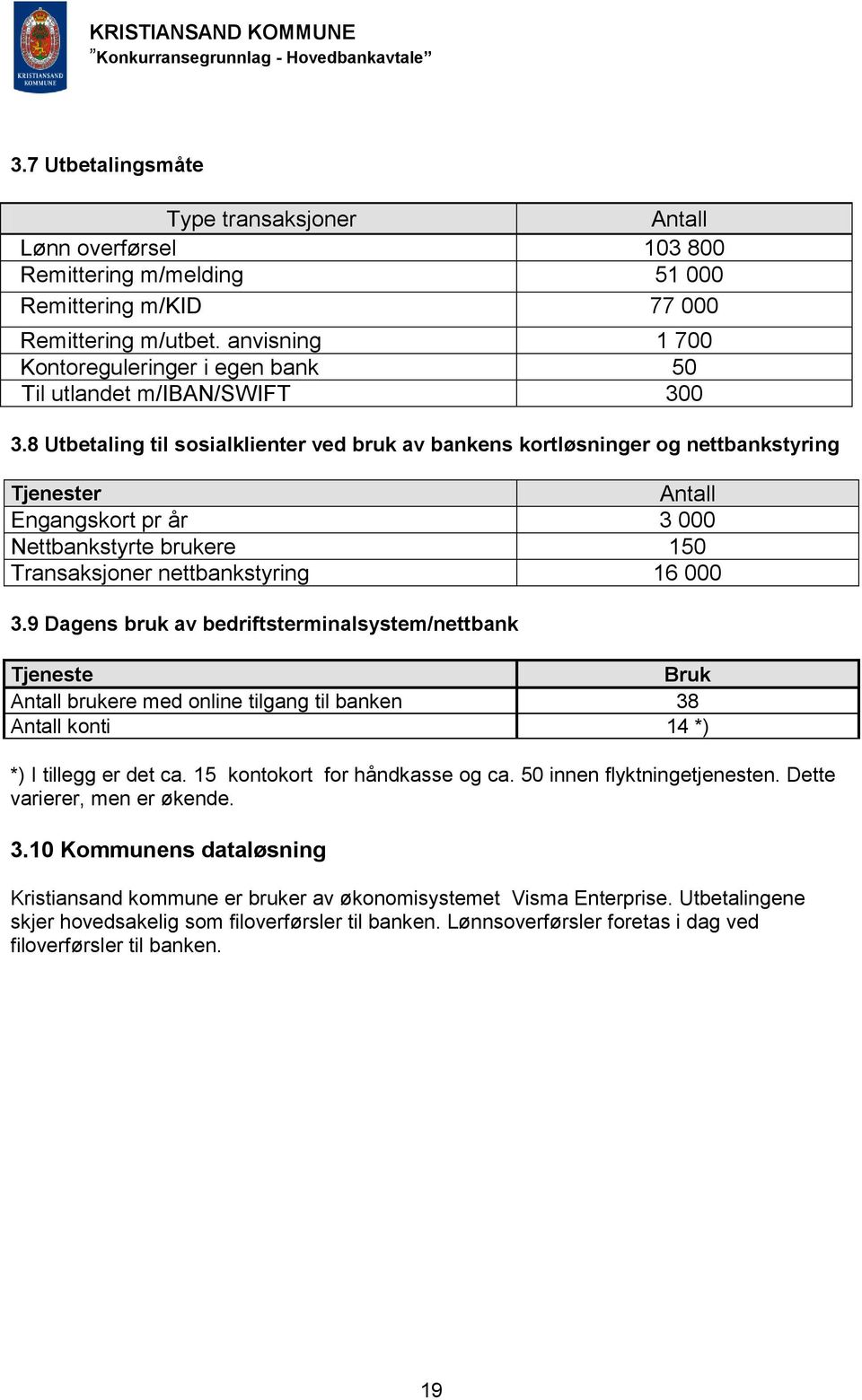 8 Utbetaling til sosialklienter ved bruk av bankens kortløsninger og nettbankstyring Tjenester Antall Engangskort pr år 3 000 Nettbankstyrte brukere 150 Transaksjoner nettbankstyring 16 000 3.